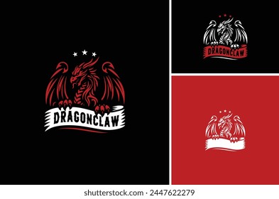 Medieval Winged Dragon holds a ribbon scroll with it claws. Minimalist silhouette classic mythical creature for game community logo design