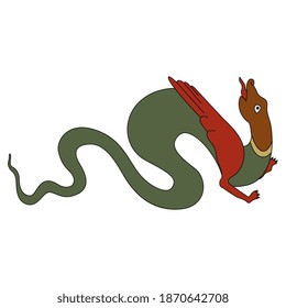 Medieval winged dragon or serpent with long wriggling tail. Russian folk style.