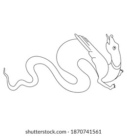 Medieval winged dragon or serpent with long wriggling tail. Russian folk style. Black and white linear silhouette.