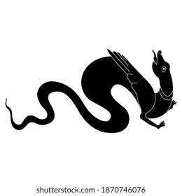 Medieval winged dragon or serpent with long wriggling tail. Russian folk style. Black and white silhouette.