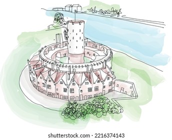 Medieval Wisloujscie Fortress with old lighthouse tower in port of Gdansk, Poland. A unique monument of the fortification works. Vector illustration