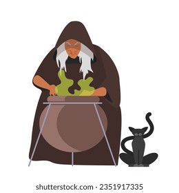 Medieval witch with potion cauldron. Old wizard woman in middle ages cartoon vector illustration