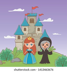 Medieval witch and princess of fairytale design