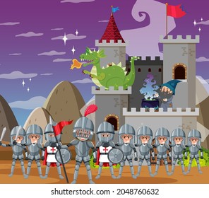 Medieval wizard castle with dragon illustration
