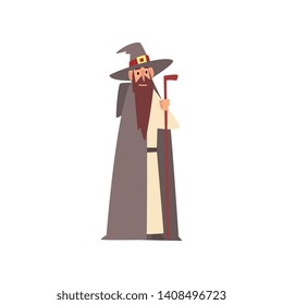 Medieval Wizard Character, Man Wearing Mantle and Pointed Hat With Magic Staff Vector Illustration