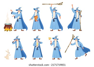 Medieval wizard. Cute sorcerer, cartoon magician man costumed merlin magic character magical alchemy fairy hat mage funny whizard wise druid mascot, vector illustration of magic sorcerer character