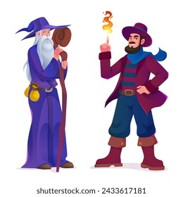 Medieval wizard and magician characters isolated on white background. Vector cartoon illustration of old bearded wise man with wooden staff, young trickster showing tricks with fire, fairytale design