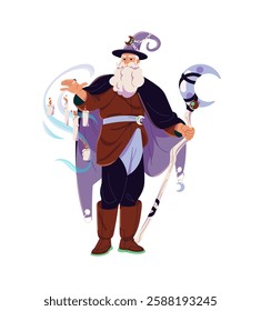 Medieval wizard, old magic character spells. Bearded magician in cloak, pointed hat casting witchcraft. Sorcerer, witch, warlock with cane controls candles. Flat isolated vector illustration on white