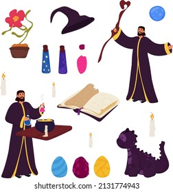 Medieval wizard - sorcerer and his magic tools
