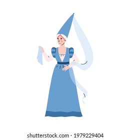 Medieval woman in blue dress and high headgear. Female character wearing ancient historical traditional costume. Flat cartoon vector illustration isolated on white.