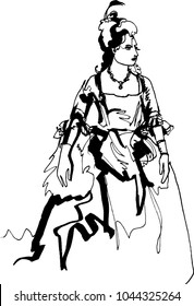 Medieval woman in a lavish ball gown. She stands in a proud posture, like a raised lady from a high society, a laconic linear black continuous line, round neck necklace