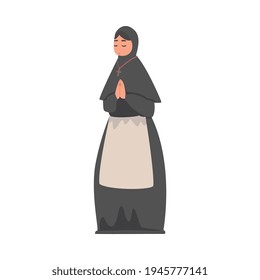Medieval Woman Nun or Vestal Wearing Black Gown Praying Vector Illustration