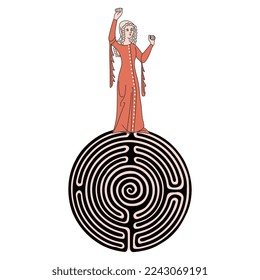 Medieval woman in with a raised fist standing on top of a round spiral maze or labyrinth symbol. Ariadne. Creative feminist concept.