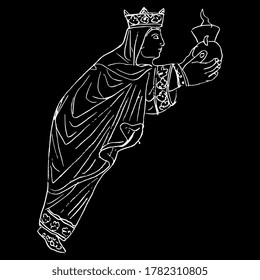 Medieval woman in royal crown holding lamp or vessel. Hand drawn linear doodle sketch. White silhouette on black background.