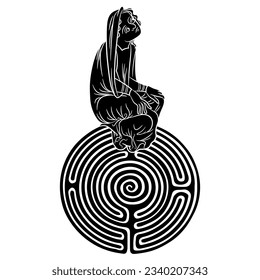 Medieval woman sitting on a round spiral maze or labyrinth symbol. Ariadne. Creative mythological concept. Black and white silhouette.