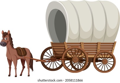 Medieval wooden carriage with a horse illustration