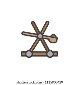 Medieval wooden catapult filled outline icon, line vector sign, linear colorful pictogram isolated on white. Catapult shooting stones symbol, logo illustration. Pixel perfect vector graphics