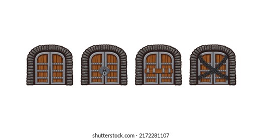 Medieval wooden doors in old house, castle or dungeon. Vector cartoon set of game icons of ancient wood gates with stone brick wall closed by padlock, hasp and chains isolated on white background