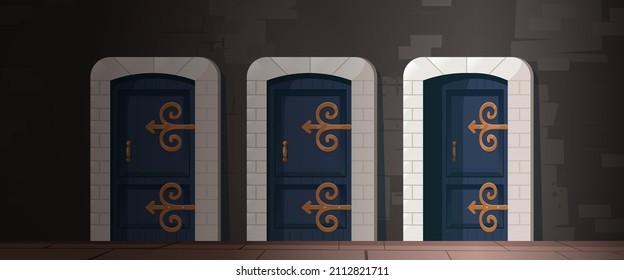 Medieval wooden doors in stone arch in in old house, castle or church. Vector cartoon illustration of ancient interior with brick wall and wood gates with golden handle and hinges