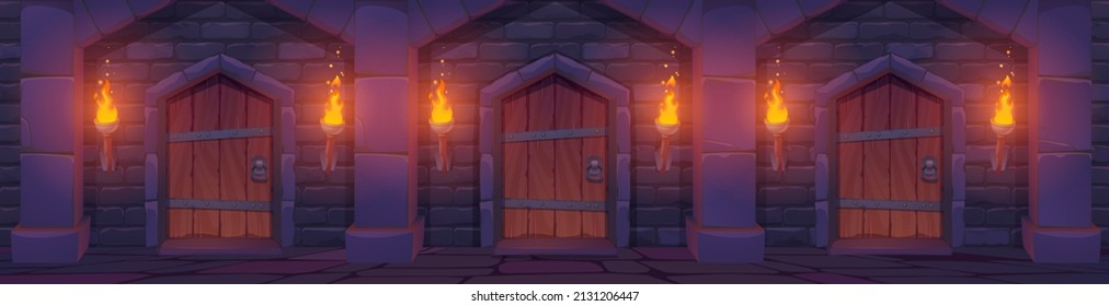 Medieval wooden doors in stone wall with arches and torches with fire. Vector cartoon illustration of corridor interior with brick wall and wood gates in ancient dungeon or castle