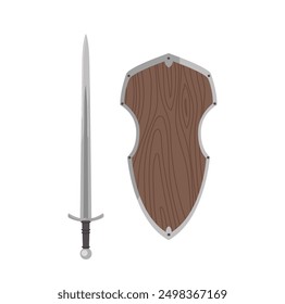 Mittelalterliches Eichenschild aus Holz und scharfes Schwertwaffenset für Ritter einzeln auf weißem Hintergrund
