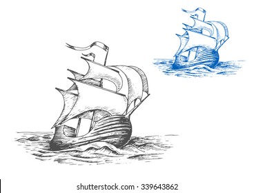 Medieval wooden tall ship under full sails doing turning maneuver in the stormy ocean, for marine adventure or travel design. Sketch style