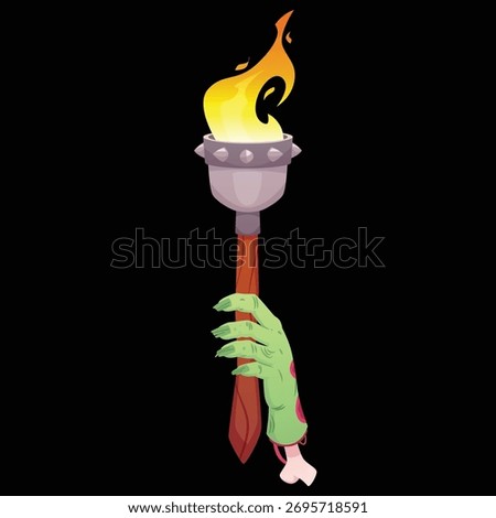 Medieval wooden torch with burning fire in zombie green hand. Cartoon vector game ancient flambeau fire on wood stick. Creepy torchlight lantern on black background. Halloween monsters corpse arm