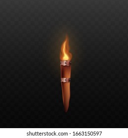 Medieval Wooden Torch With Realistic Burning Fire Isolated On Dark Transparent Background - Ancient Castle Wall Mount Decoration With Bright Flame. Vector Illustration