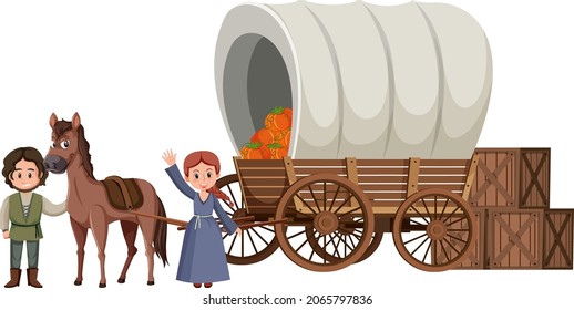 Medieval wooden wagon with peasants illustration