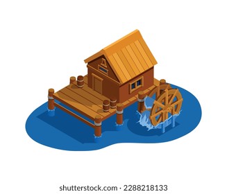 Medieval wooden water mill isometric 3d vector illustration