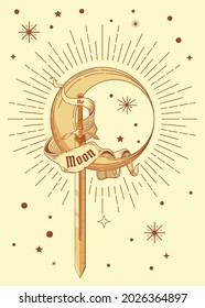 medieval yellow sword with bold border in cartoon style with moon and tape