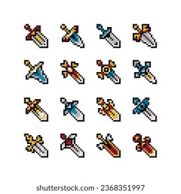 Conjunto medievalista de píxeles de espada. Antiguas armas. Juego de activos de 8 bits. Espadas medievales y cuchillos de diferentes formas de color, de estilo plano. Diseño para pegatinas, aplicaciones móviles y logotipo. 