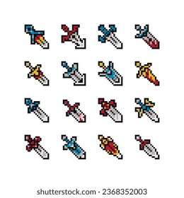 Conjunto medievalista de píxeles de espada. Antiguas armas. Espadas medievales y cuchillos de diferentes formas de color, de estilo plano. Diseño para pegatinas, aplicaciones móviles y logotipo. Juego de activos de 8 bits.