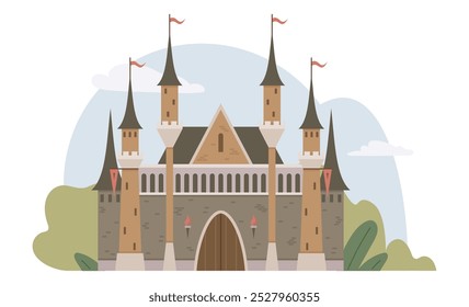 Medieval-style castle with tall towers and red flags on top, big arched entrance, set against a light blue sky with clouds and greenery. Ideal for fantasy stories, fairy tales, childrens books