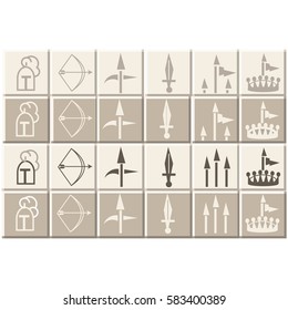 Medievil icons, tile or game  squares with helmets bow & arrow pike spear flag standard & crowns
