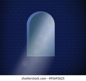 Mediewal arch window in the brick wall with blue moon light beam, vector