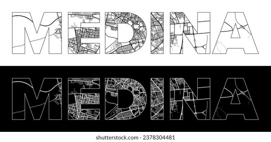 Medina City Name (Saudi-Arabien, Asien) mit schwarz-weißer Stadtplan-Vektorgrafik