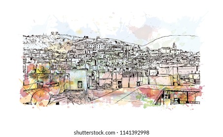 Medina of Fes el Bali of Fez, Morocco. Watercolor splash with Hand drawn sketch illustration in vector.
