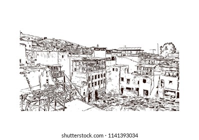 Medina of Fes el Bali of Fez, Morocco. Hand drawn sketch illustration in vector.