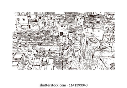 Medina of Fes el Bali of Fez, Morocco. Hand drawn sketch illustration in vector.