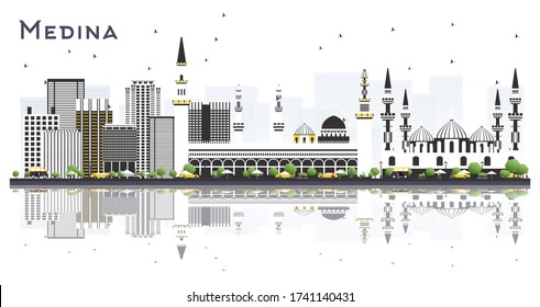 Medina Saudi Arabia City Skyline with Gray Buildings and Reflections Isolated on White. Vector Illustration. Tourism Concept with Modern and Historic Architecture. Medina Cityscape with Landmarks.