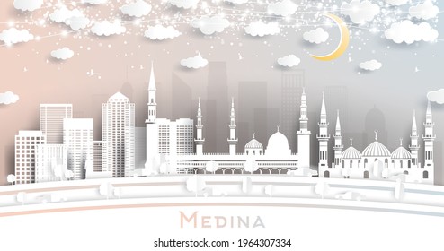 Medina Saudi Arabia City Skyline in Paper Cut Style with White Buildings, Moon and Neon Garland. Vector Illustration. Travel and Tourism Concept. Medina Cityscape with Landmarks.