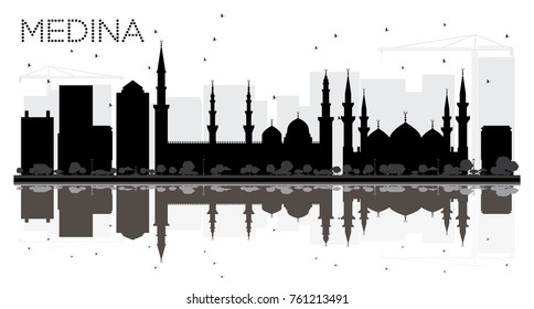 Medina Saudi Arabia City skyline black and white silhouette with Reflections. Vector illustration. Business travel concept. Cityscape with landmarks.