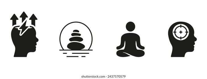 Meditate For Mental Health Silhouette Icon Set. Calm, Relax, Positive Energy Symbol Collection. Stone Balance Glyph Pictogram. Wellness Sign. Isolated Vector Illustration.