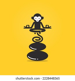 Meditate monkey on top of zen stone. Spiritual and relaxation mascot.