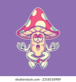meditate mushroom cartoon character illustration for tshirt design  logo  illustration