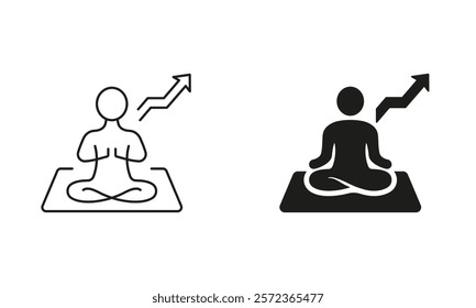 Meditate in Pose Lotus Pictogram. Harmony, Yoga Meditation and Balance Line and Silhouette Icon Set. Editable Stroke. Isolated Vector Illustration.