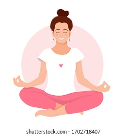 MEDITATE. RELAX. Love yourself. Mental health concept. Meditation. Healthcare. Inner harmony with yourself. Take time for your self. Vector illustration. Woman meditating on white background