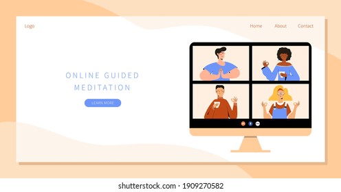 Meditate together online training. Meditating men and women on online course meditate on computer screen. Distance, remote yoga, relax, mindfulness, breathing training. Online meditation class