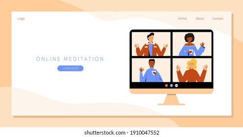 Meditate together online training. Meditating men and women on online course meditate on computer screen. Distance, remote yoga, relax, mindfulness, breathing training. Online meditation class